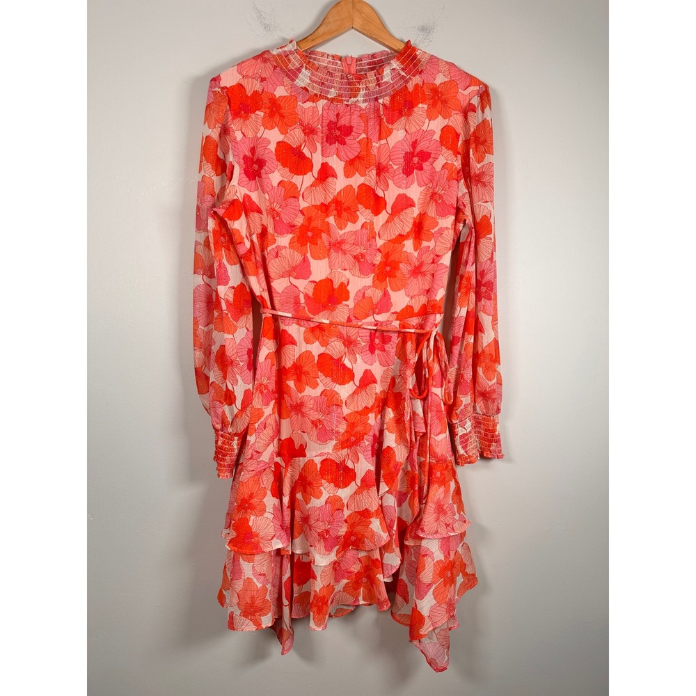 Maison Tara Floral Mini Dress Womens 12 Pink Orange Ruffle Smocked Long Sleeve